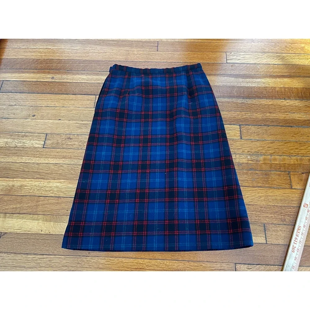 Vintage Pendleton Wool Plaid Skirt Navy Blue Red Green High Waist Midi USA Made